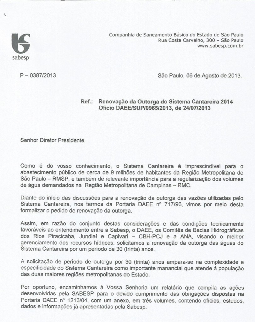 Requerimento original da Sabesp, de 2013, antes da crise hídrica, para renovação da outorga do Cantareira já indicava pedido para 30 anos (Foto Reprodução) 