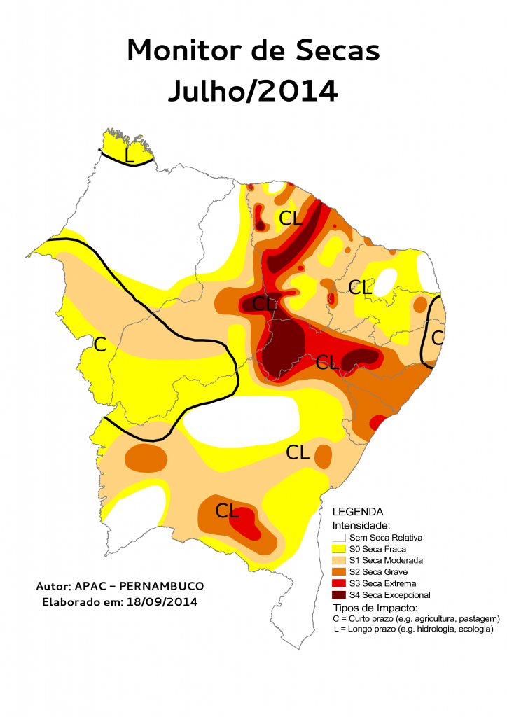 Em julho de 2014, territórios com seca extrema e excepcional eram muito menores (Fonte: Monitor de Secas do Nordeste)