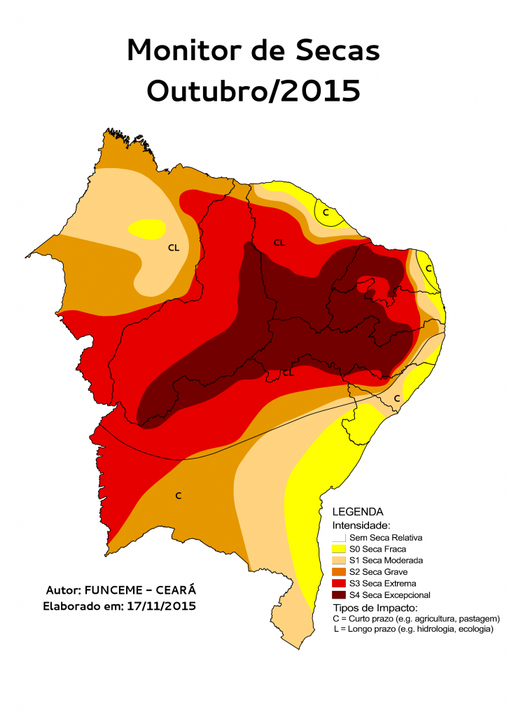 O Mapa da Seca no Nordeste em outubro de 2015 (Fonte: Monitor de Secas do Nordeste do Brasil) 