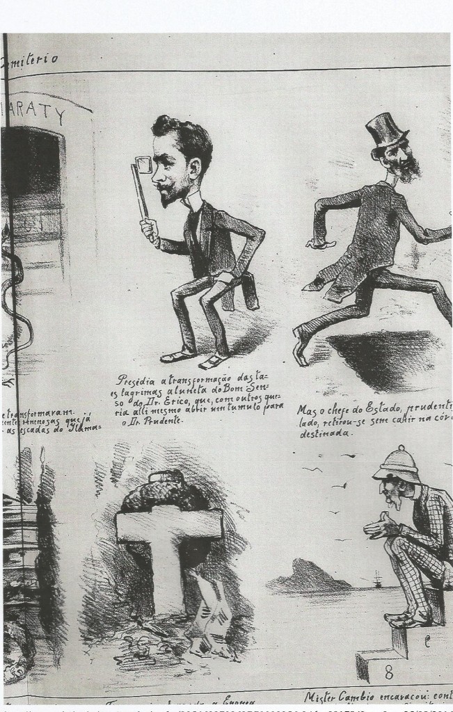 Página da edição 35 da "Don Quixote", de 1895, em que aparece no alto à direita Prudente de Morais em "fuga" (Hemeroteca Biblioteca Nacional)