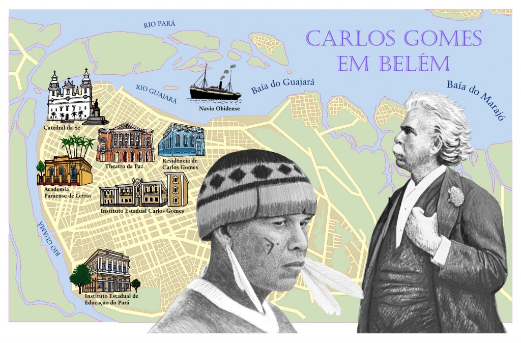 Mapa indicativo de Belém, com elementos artísticos, mostrando locais que fazem referência a Carlos Gomes e convidando a um turismo cultural. (Arte Ricardo Cruzeiro, tendo como base o Mapa Arquipélago Praieiro de Belém do Pará", da BelémTur)  