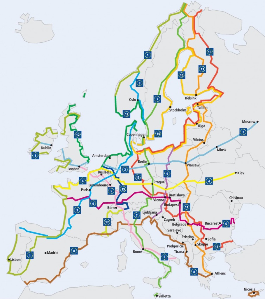 Mapa das rotas que integram a EuroVelo (Reprodução)