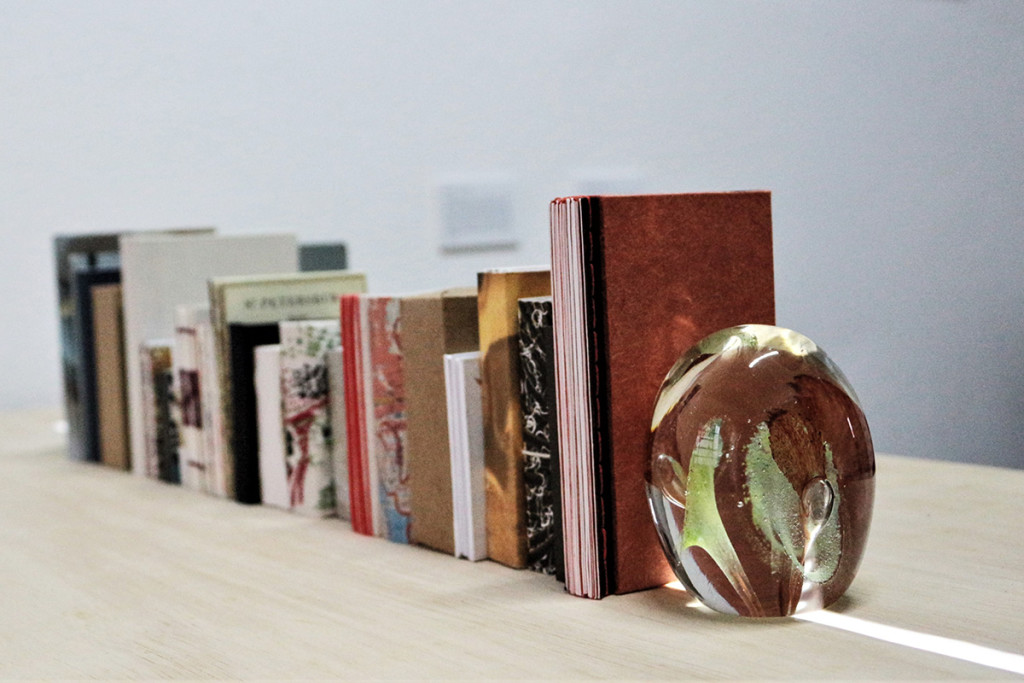 “Estante 3”, composta por uma biblioteca com mini livros (Foto Regina Rocha Pitta)