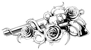 Tattoo of revolver colt with roses