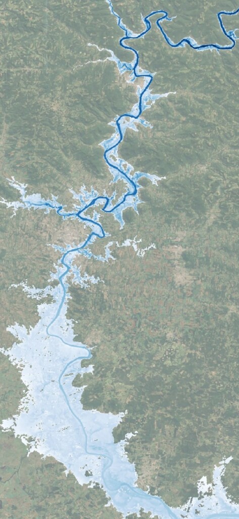 Nível d’água da mancha de inundação estimada por meio de modelagem hidrodinâmica no Vale do Taquari na cheia de setembro de 2023  - (Foto Divulgação)
