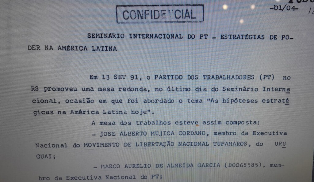 Documento confidencial com relato de seminário internacional do PT em 1991