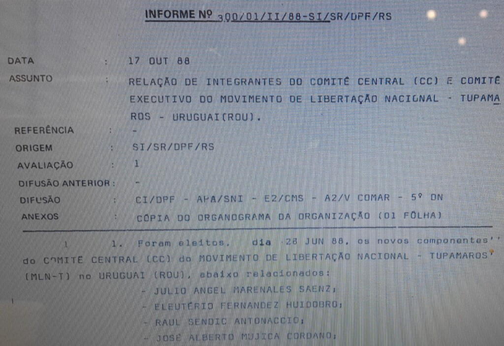 Documento confidencial com relação de novos membros do Comitê Central do Movimento Tupamaros