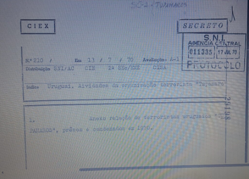 Documento secreto do SNI sobre tupamaros presos em 1970 (Foto Reprodução)